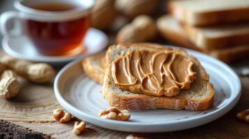 ai generiert Toast Verbreitung mit Erdnuss Butter Lügen auf ein Weiß Teller foto