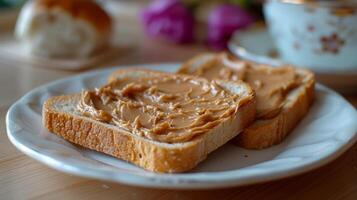 ai generiert Toast Verbreitung mit Erdnuss Butter Lügen auf ein Weiß Teller foto