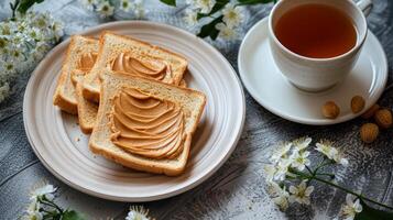 ai generiert Toast Verbreitung mit Erdnuss Butter Lügen auf ein Weiß Teller foto