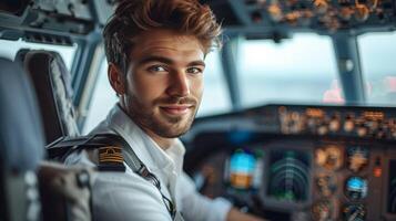 ai generiert jung gut aussehend Pilot Sitzung im das Cockpit von ein Flugzeug foto