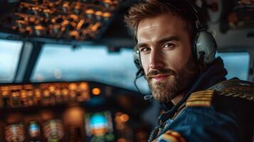 ai generiert jung gut aussehend Pilot Sitzung im das Cockpit von ein Flugzeug foto