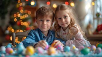 ai generiert ein Junge und ein acht Jahre alt Mädchen Farbe Eier zum Ostern foto