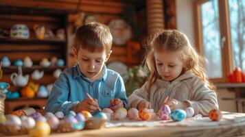 ai generiert ein Junge und ein acht Jahre alt Mädchen Farbe Eier zum Ostern foto