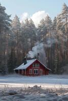ai generiert ein hell Burgund hölzern Haus steht allein im das Mitte von ein groß Winter Wald foto