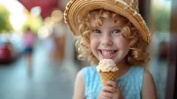 ai generiert ein froh Jugendlicher schmeckt ein Waffel Kegel auf ein Sommer- Bummel foto