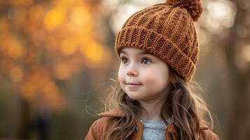 ai generiert ein jung Mädchen mit Kastanie Haar tragen ein gemütlich stricken Hut Spaziergänge durch das Park während Herbst foto