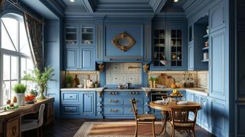 ai generiert schön Blau Küche im ein klassisch Stil foto
