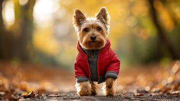 ai generiert süß Yorkshire Terrier im ein rot mit Kapuze Jacke Spaziergänge im das Park foto