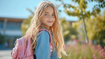 ai generiert modisch Mädchen 12 Jahre alt mit lange blond Haar geht zu Schule mit ein Rosa Rucksack groß Copyspace Bereich foto