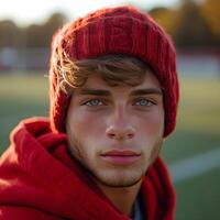 ai generiert gut aussehend Fußball Spieler posieren suchen beim das Kamera während Stehen auf das Fußball Feld foto