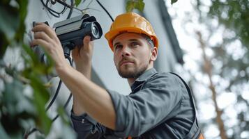 ai generiert Arbeitskräfte im Overall Reparatur ein cctv Kamera auf ein modern amerikanisch Hütte foto