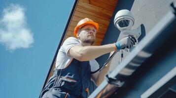 ai generiert Arbeitskräfte im Overall Reparatur ein cctv Kamera auf ein modern amerikanisch Hütte foto