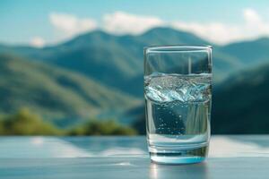 ai generiert ein klar Glas von Wasser gegen ein bergig Hintergrund foto