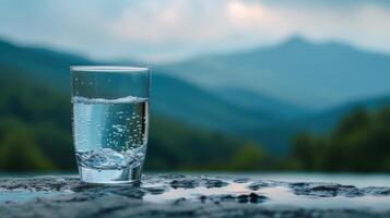 ai generiert ein klar Glas von Wasser gegen ein bergig Hintergrund foto