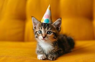 ai generiert ein Kätzchen tragen ein Party Hut auf ein Gelb Oberfläche foto