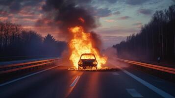 ai generiert ein einsam Auto brennt auf das Autobahn foto