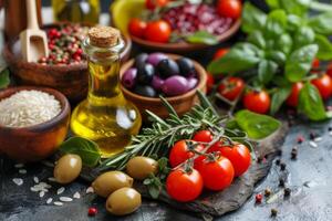 ai generiert ein mediterran inspiriert Verbreitung mit Olive Öl foto