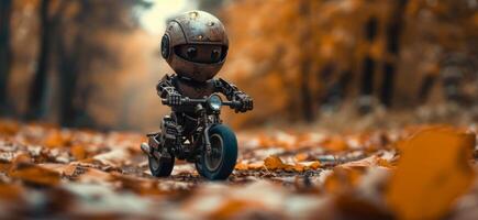 ai generiert ein winzig Metall Roboter Reiten ein Spielzeug Fahrrad im Herbst foto