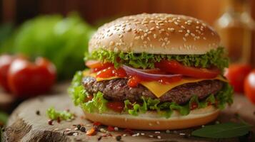 ai generiert schön Hintergrund zum Rindfleisch Burger Werbung foto
