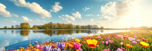 ai generiert ein heiter Landschaft geschmückt mit beschwingt Frühling Blumen, Bereitstellung ein malerisch Hintergrund zum Mitteilungen foto