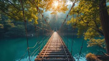 ai generiert Kreuzung ein hängend Brücke Über ein schön See auf ein sonnig Tag foto