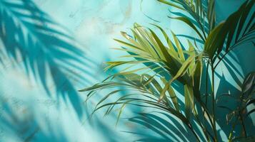 ai generiert Licht Blau Mauer und verschwommen Schatten von Palme Blätter foto