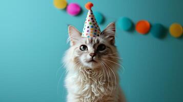 ai generiert Weiß flauschige Katze sitzt im ein Geburtstag Deckel suchen beim das Kamera auf ein minimalistisch hell Hintergrund foto