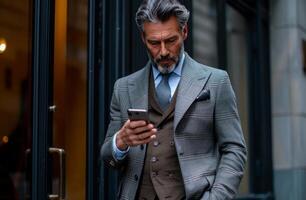 ai generiert ein Geschäftsmann mit seine Telefon während Stehen draußen foto