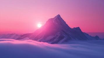 ai generiert schön Natur Hintergrund mit ein einsam Berg Gipfel gegen ein Rosa lila Gradient Himmel foto