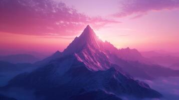 ai generiert schön Natur Hintergrund mit ein einsam Berg Gipfel gegen ein Rosa lila Gradient Himmel foto