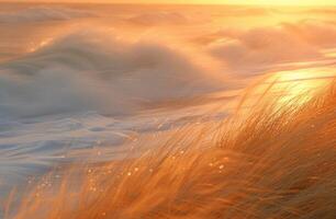 ai generiert Bilder Über Wellen, Ufer, Ozean, Sand, Gras, Zeit Ablauf foto