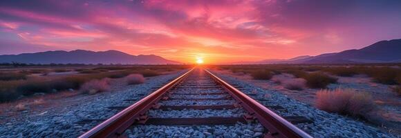 ai generiert Eisenbahn Spuren während Sonnenuntergang foto