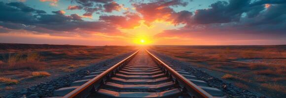 ai generiert Eisenbahn Spuren gehen mit Sonnenuntergang Hintergrund foto