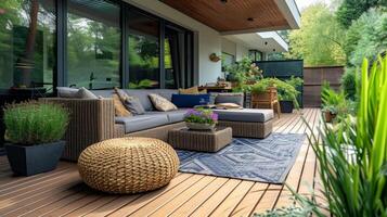 ai generiert stilvoll Terrasse mit Holz Deck Bodenbelag foto