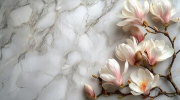 ai generiert schön Licht Marmor Hintergrund mit Magnolie Blumen. foto