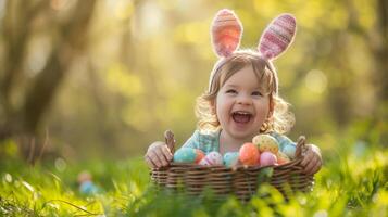 ai generiert ein Kind tragen Hase Ohren, fröhlich Öffnung ein Ostern Korb gefüllt mit Schokolade Eier und Spielzeuge foto