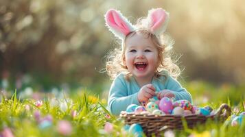 ai generiert ein Kind tragen Hase Ohren, fröhlich Öffnung ein Ostern Korb gefüllt mit Schokolade Eier und Spielzeuge foto