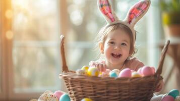 ai generiert ein Kind tragen Hase Ohren, fröhlich Öffnung ein Ostern Korb gefüllt mit Schokolade Eier und Spielzeuge foto