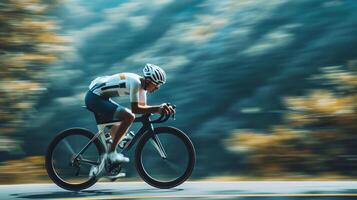 ai generiert ein Radfahrer Beschleunigen Nieder ein hügel, gekleidet im aerodynamisch Gang, im ein verwischen von Bewegung. foto