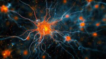 ai generiert ein mikroskopisch Aussicht von beschwingt, Verflechtung Neuronen im ein faszinierend neural Netzwerk. foto