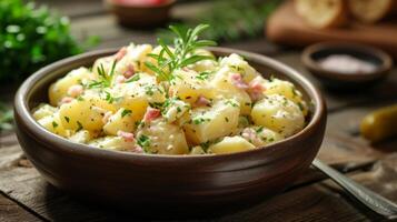 ai generiert ein Bohnenkraut Kartoffel Salat mit Essig Dressing, häufig mit Speck oder Gurken. foto