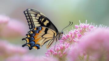 ai generiert ein Schwalbenschwanz Schmetterling, groß und bunt, ist thront zart auf ein blass Rosa Blume. foto