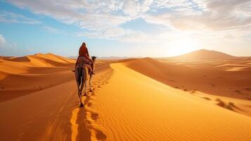 ai generiert ein Reisender Reiten ein Kamel im das Sahara Wüste, mit endlos golden Sand Dünen unter ein sengend Sonne. foto