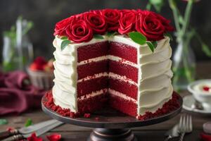 ai generiert ein hoch aufragend, feucht rot Samt Kuchen geschichtet mit cremig Sahne Käse Glasur und geschmückt mit essbar Rosen. foto