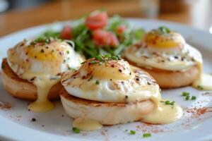 ai generiert klassisch Eier Benedikt mit samtig Hollandaise Soße, oben auf Englisch Muffins, ein Gourmet Freude. foto