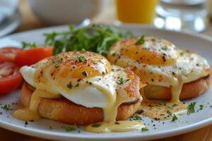 ai generiert klassisch Eier Benedikt mit samtig Hollandaise Soße, oben auf Englisch Muffins, ein Gourmet Freude. foto