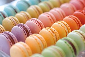 ai generiert zart Französisch Macarons im ein Regenbogen von Pastell- Farben, Angebot ein Symphonie von Aromen mit jeder beissen. foto