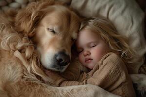 ai generiert sanft golden Retriever kuscheln mit ein schläfrig Kleinkind, ausstrahlen rein Liebe foto