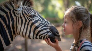 ai generiert Mädchen beim das Zoo Petting ein Zebra. foto
