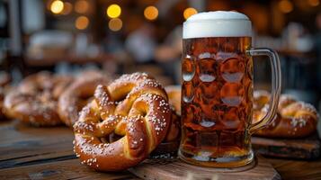 ai generiert ikonisch Sanft Brezeln serviert mit ein kalt, schaumig Bier, ein Beliebt Deutsche Snack. foto